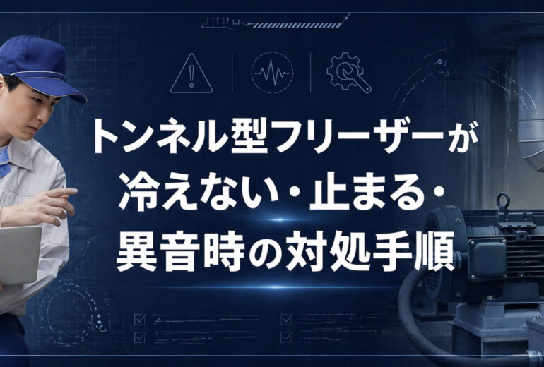 食品工場のトンネル型フリーザー制御盤の確認とトラブル対応のイメージ