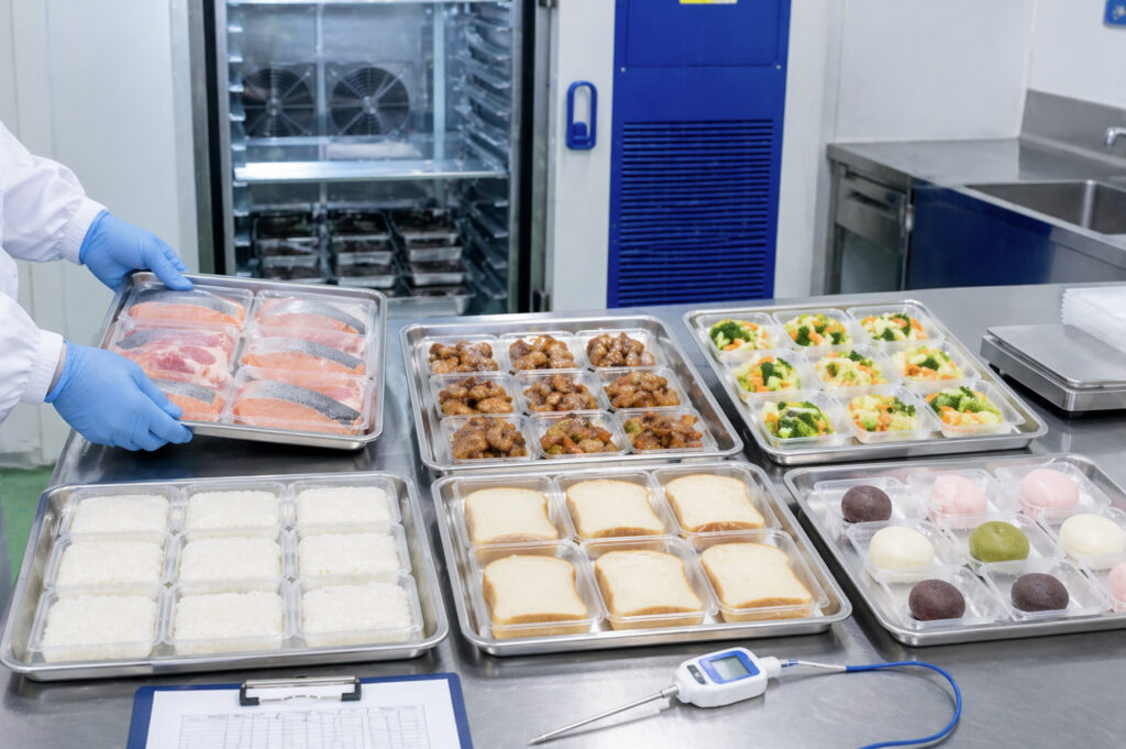 魚介類、肉惣菜、カット野菜、米飯を食品別に急速冷凍テストするサンプル