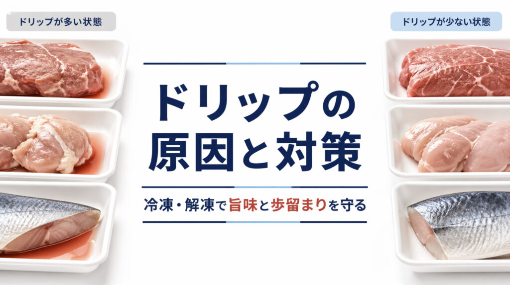 ドリップの原因と対策を示す肉と魚の冷凍解凍比較図