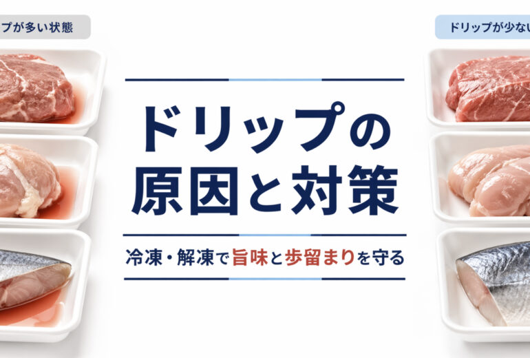 ドリップの原因と対策を示す肉と魚の冷凍解凍比較図