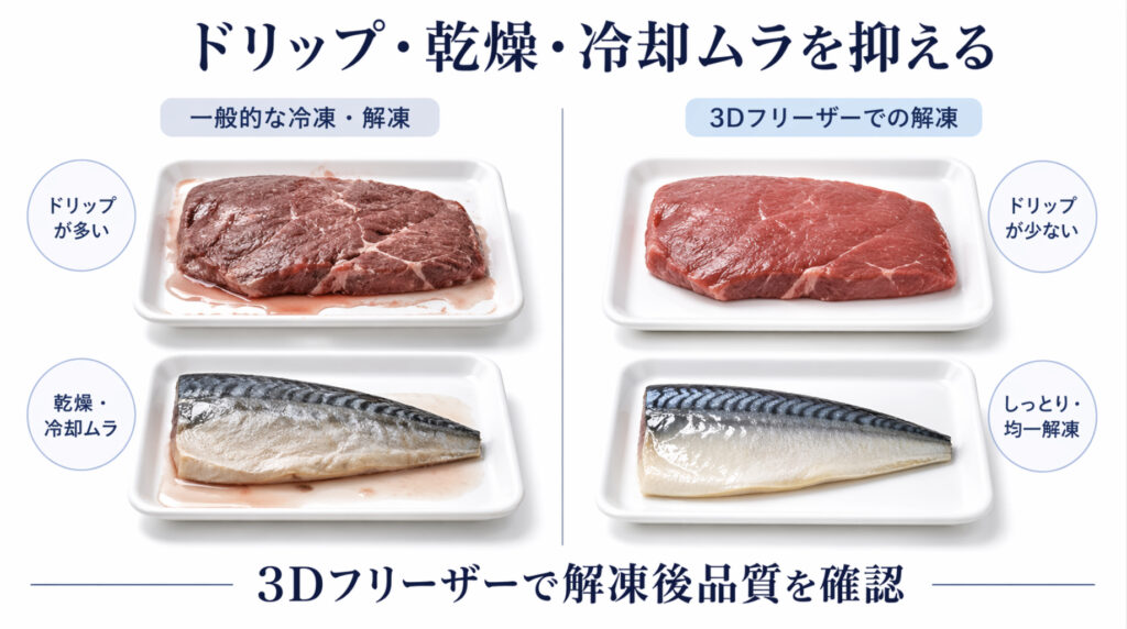 ドリップ乾燥冷却ムラを抑える3Dフリーザー向け品質比較イメージ