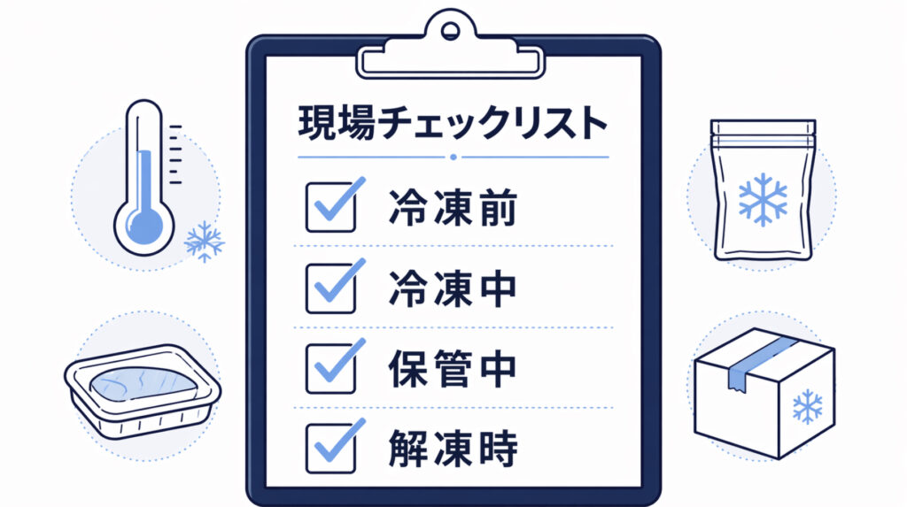 冷凍前冷凍中保管中解凍時のドリップ対策チェックリスト