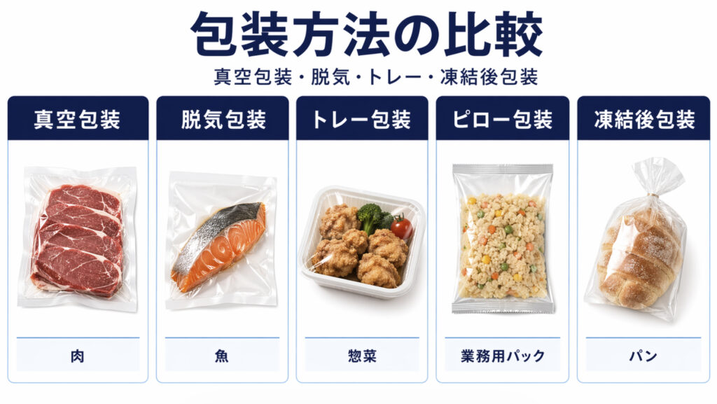 包装方法の比較 真空包装・脱気・トレー・凍結後包装