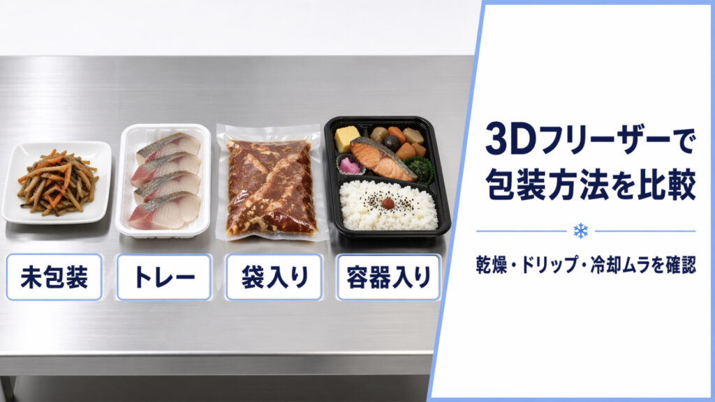 3Dフリーザーで未包装やトレー入りや袋入りの商品を包装方法別にテストする図解