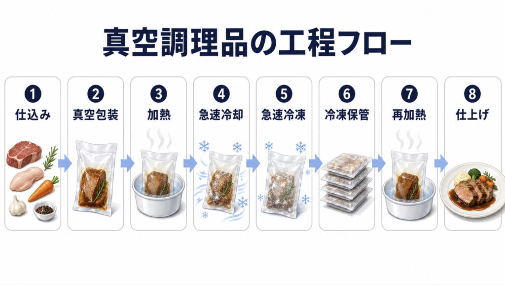 真空調理品の基本フロー 仕込み → 加熱 → 急速冷却 → 急速冷凍 → 保管 → 再加熱