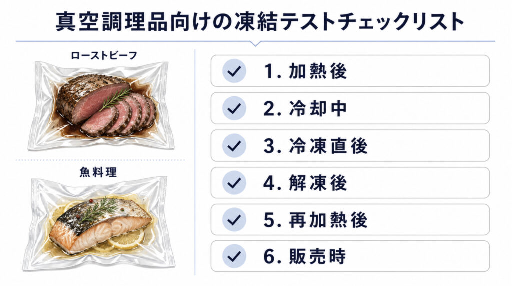 真空調理品の凍結テストで見る項目 加熱後・冷却中・冷凍直後・解凍後・再加熱後