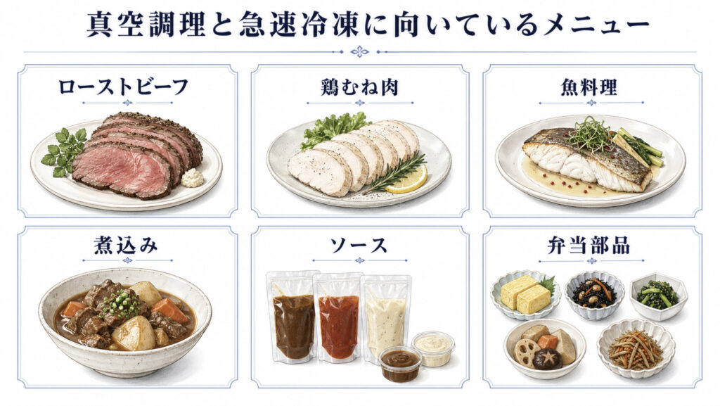 真空調理×急速冷凍に向いているメニュー肉料理・魚料理・煮込み・ソース・弁当部品