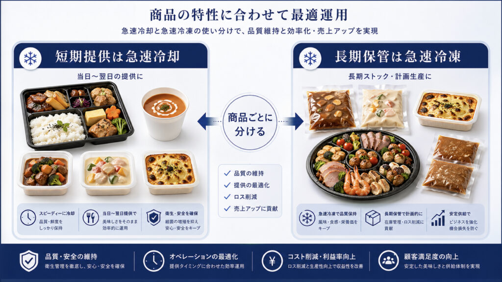 ケータリング商品をクックチルとクックフリーズで分ける判断イメージ