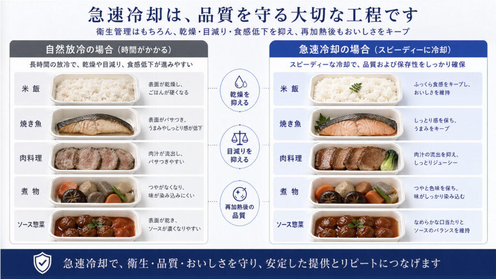 急速冷却で米飯や惣菜の乾燥と目減りを抑える工程イメージ