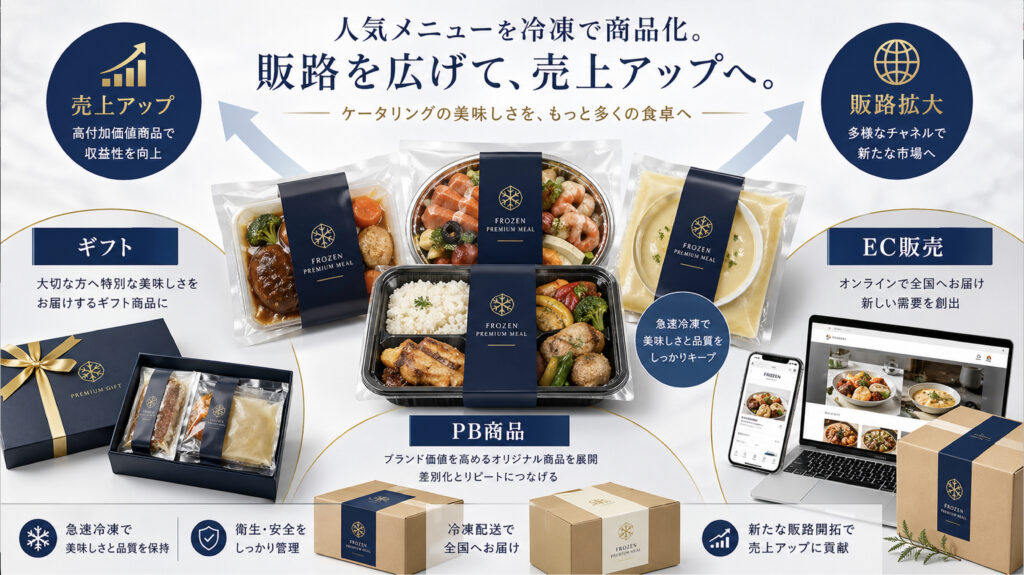 急速冷凍機でケータリング商品を冷凍弁当やギフトやEC商品へ展開するイメージ