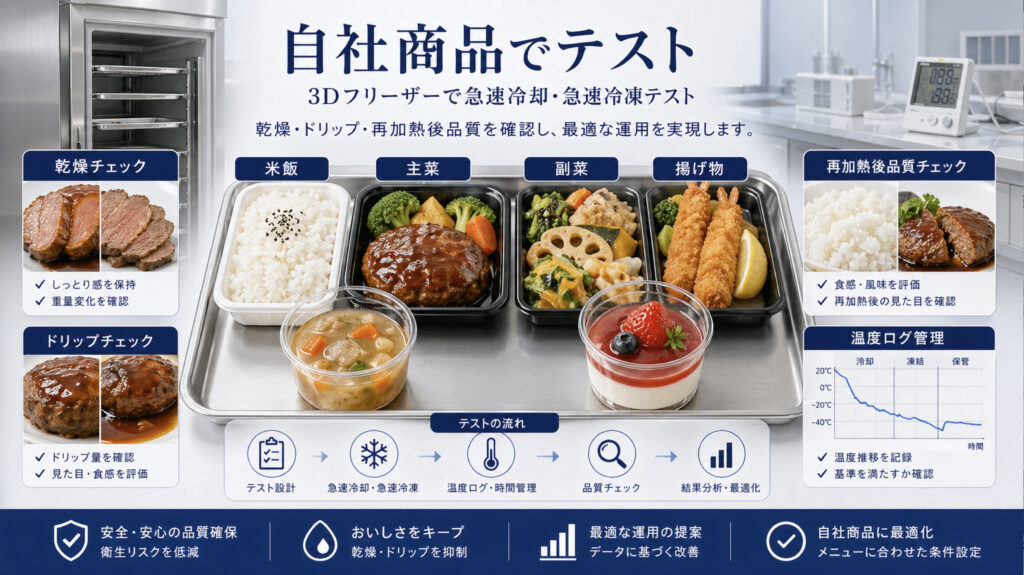 3Dフリーザーでケータリング商品の乾燥やドリップや再加熱後品質をテストするイメージ