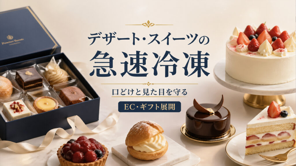 ケーキやタルトやムースを急速冷却・急速冷凍して冷凍スイーツやギフト商品へ展開するイメージ