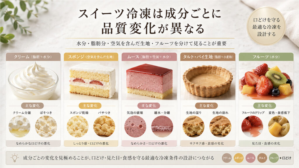 クリームやスポンジやフルーツの水分と脂肪分を確認しながら急速冷凍する説明図