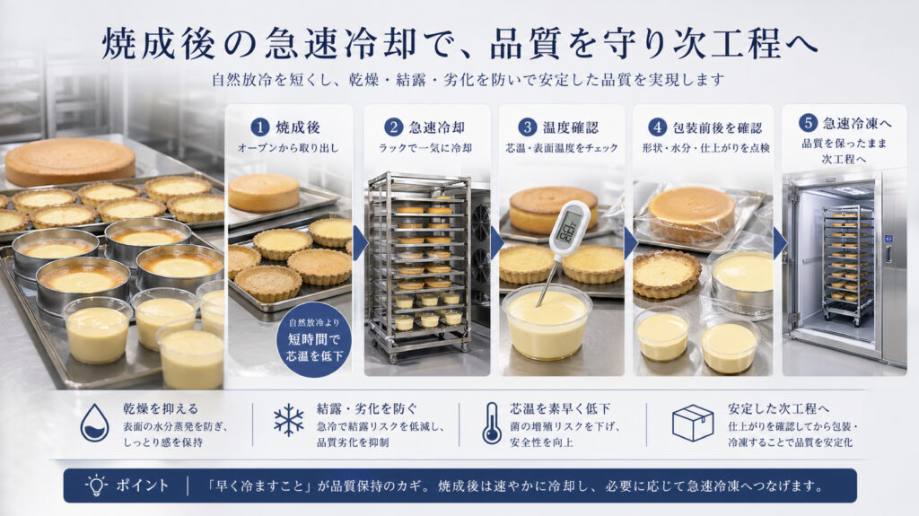 焼成後のスポンジやタルトを急速冷却してから急速冷凍する工程イメージ