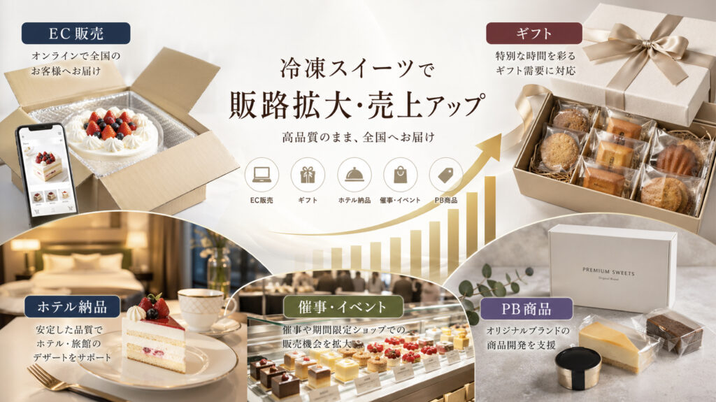 冷凍ケーキや冷凍スイーツをECやギフトやホテル納品やPB商品へ展開するイメージ