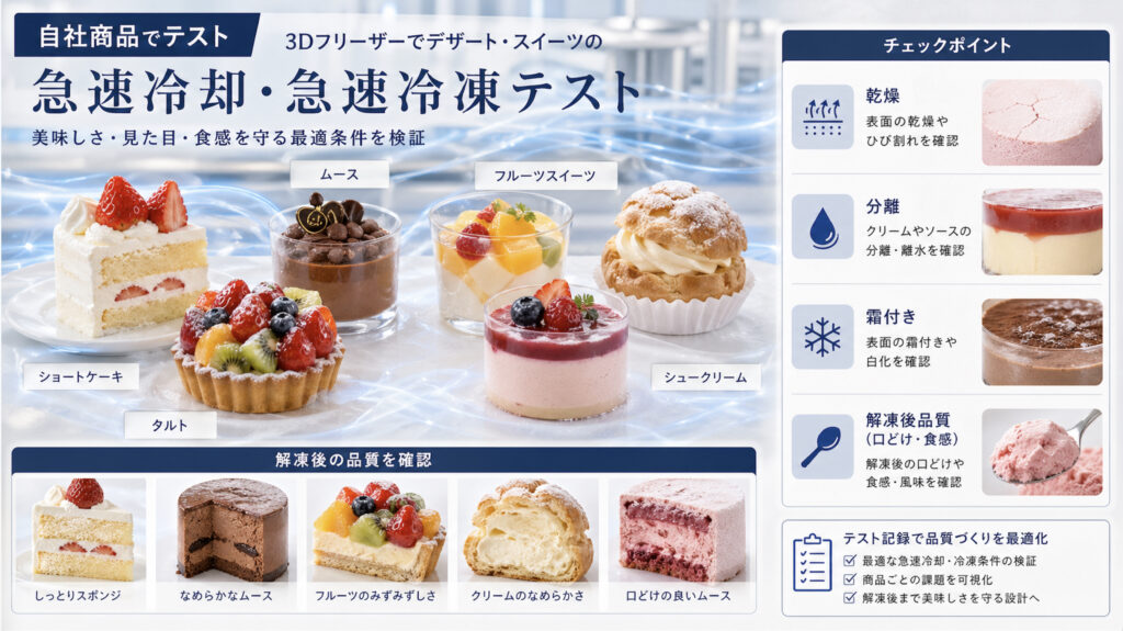 3Dフリーザーでスイーツの乾燥や分離や解凍後の口どけをテストするイメージ