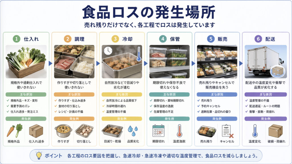 食品事業者でフードロスが発生しやすい工程を示した図解