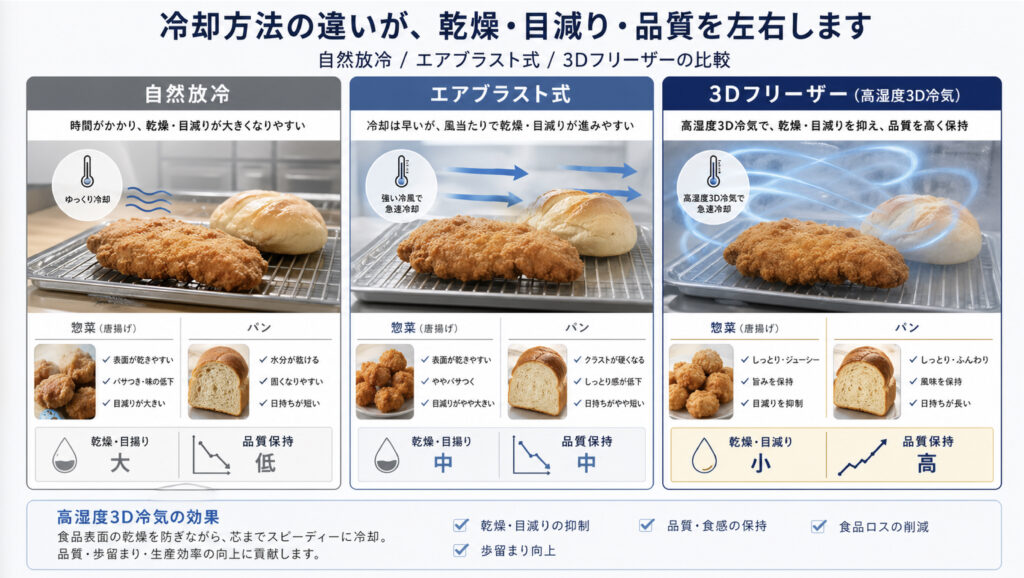 自然放冷、エアブラスト式冷却、3Dフリーザー急速冷却の違いを示す比較図