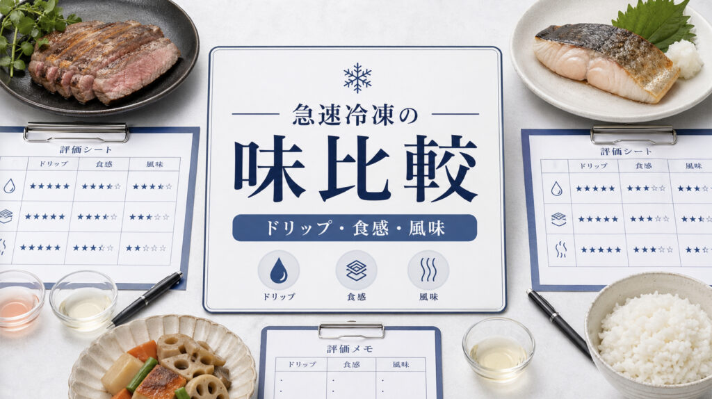 急速冷凍と通常冷凍の味の違いをドリップと食感で比較する業務用資料イメージ