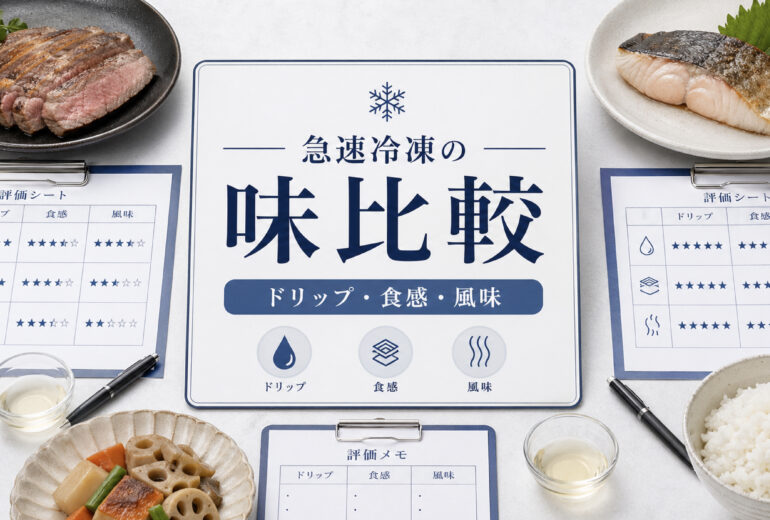 急速冷凍と通常冷凍の味の違いをドリップと食感で比較する業務用資料イメージ