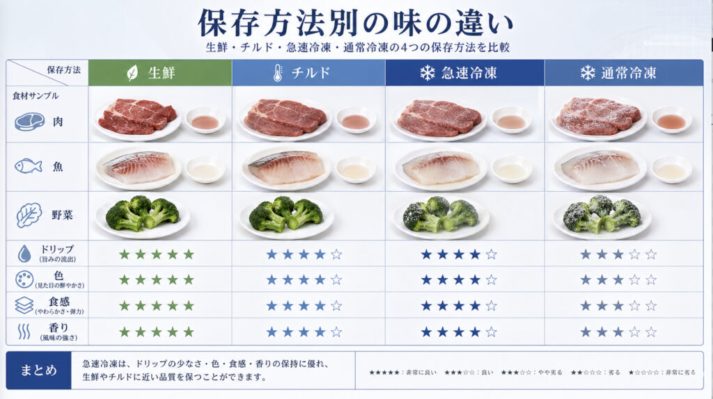 生鮮、チルド、急速冷凍、通常冷凍で食品の味と品質を比較する図
