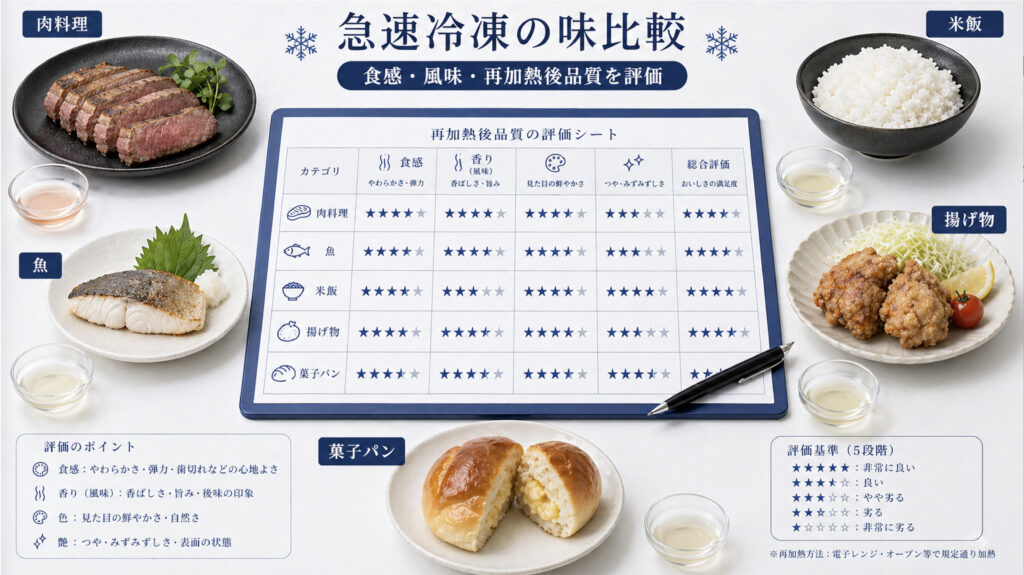 肉、魚、米飯、揚げ物、菓子の急速冷凍後の食感と風味を評価する図