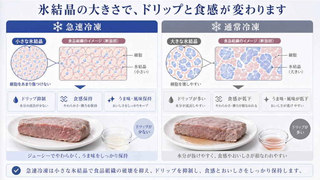 急速冷凍と緩慢冷凍で氷結晶の大きさと食感への影響を比較する図