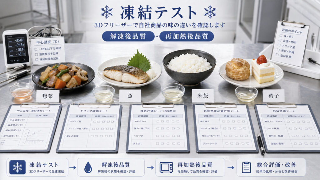 高湿度3D冷気を想定して自社商品のドリップ、食感、再加熱後品質を確認する凍結テスト項目