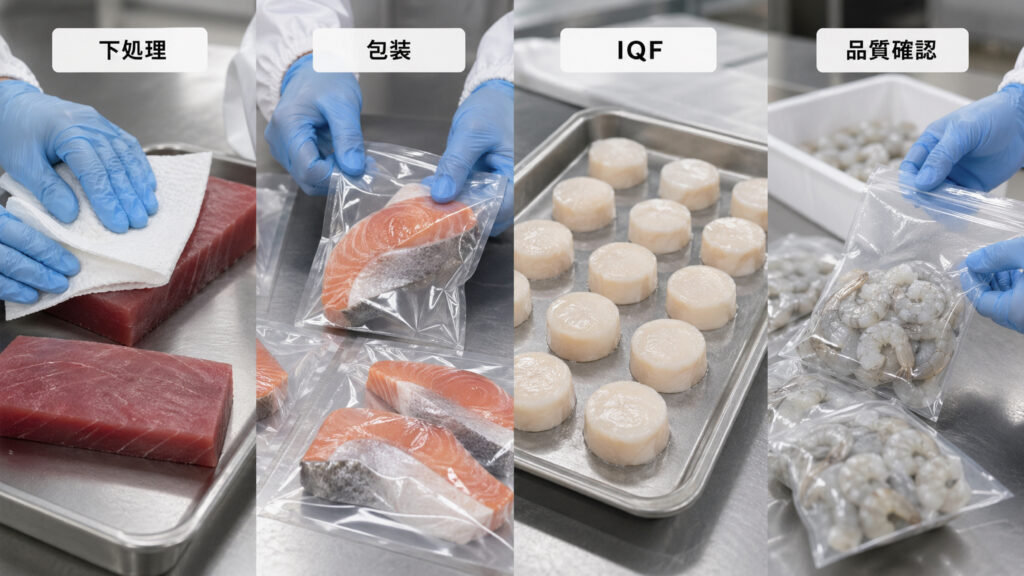 魚介類を種類別に下処理し包装してから急速冷凍する準備工程