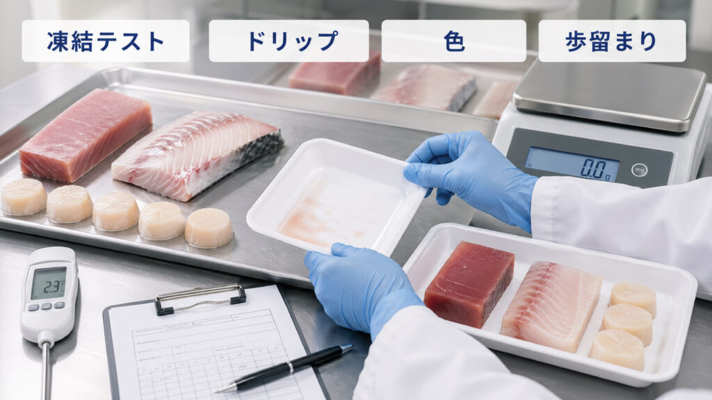 魚介類の凍結テストで解凍後のドリップや色と歩留まりを確認する様子