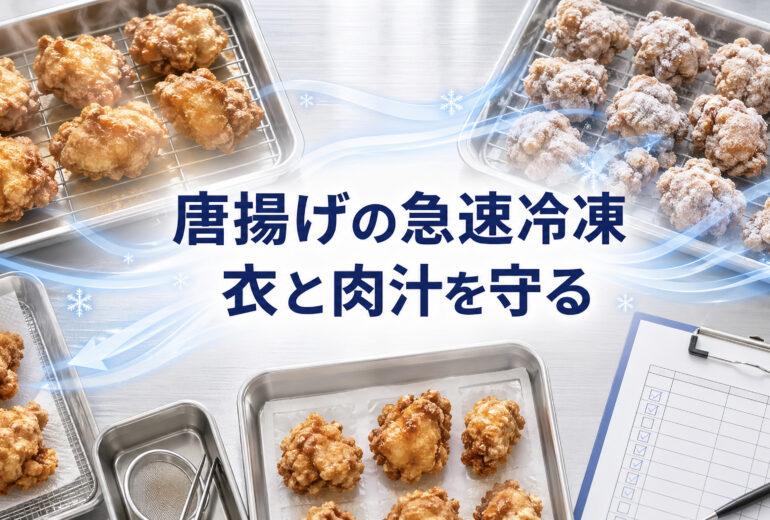 唐揚げの急速冷凍で衣のべたつきと肉汁流出を抑える方法を示すアイキャッチ画像