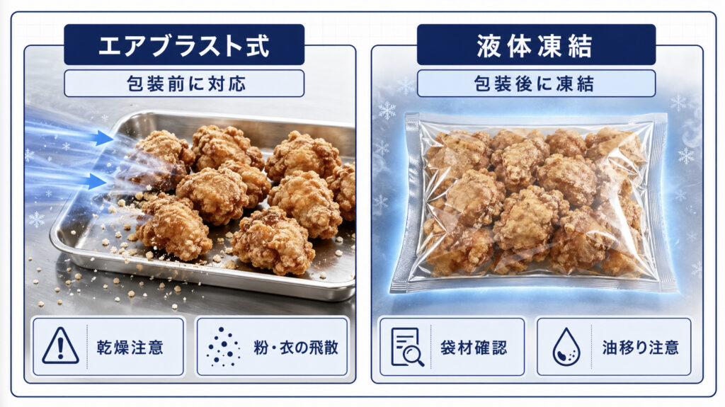 唐揚げの急速冷凍でエアブラスト式と液体凍結を比較する図解
