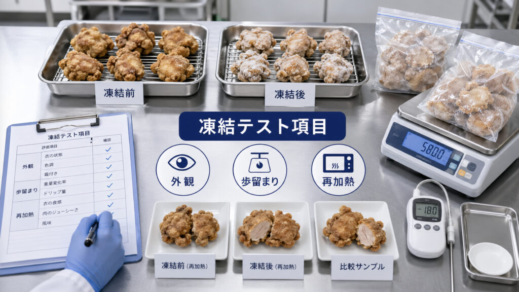 唐揚げの凍結テストで外観、重量変化、再加熱後品質、包装、処理量を確認する様子