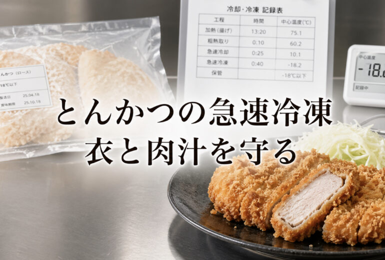 とんかつの急速冷凍で衣のべたつきと肉汁流出を抑える方法を示すアイキャッチ画像