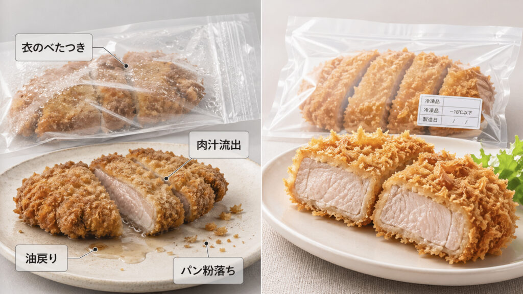 冷凍とんかつの衣のべたつき、肉汁流出、油戻り、パン粉飛散を比較する画像