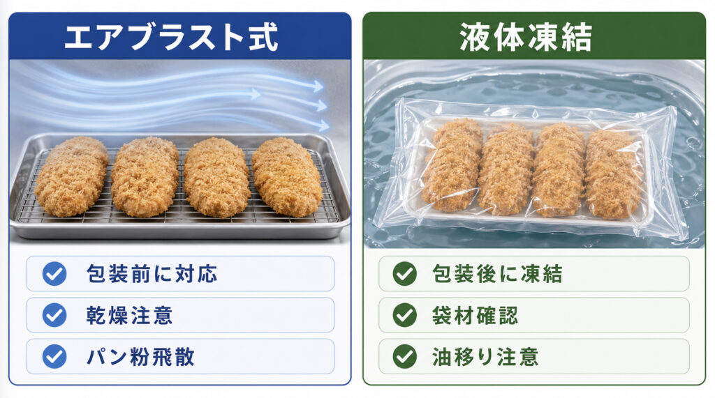 とんかつの急速冷凍でエアブラスト式と液体凍結を比較する図解