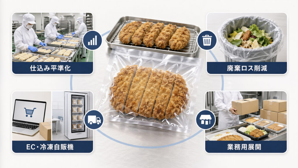 とんかつの急速冷凍で仕込み平準化、廃棄ロス削減、EC、冷凍自販機、業務用展開へ広げるイメージ