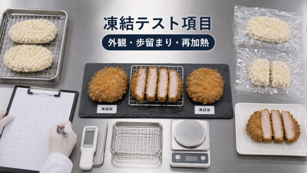 とんかつの凍結テストで外観、重量変化、再加熱後品質、包装、処理量を確認する様子