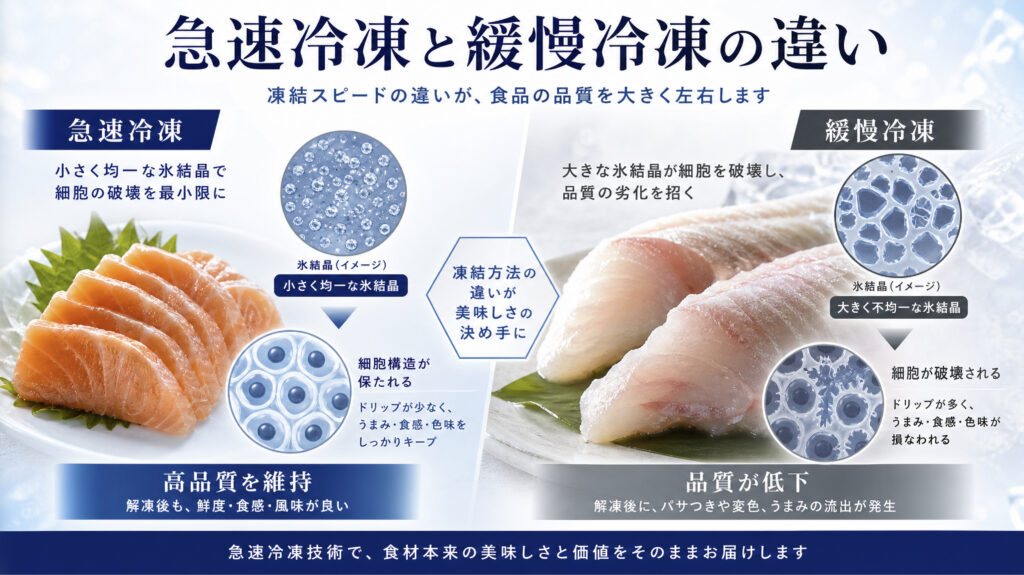 急速冷凍と緩慢冷凍の違いを氷結晶サイズと食品品質で示すアイキャッチ画像