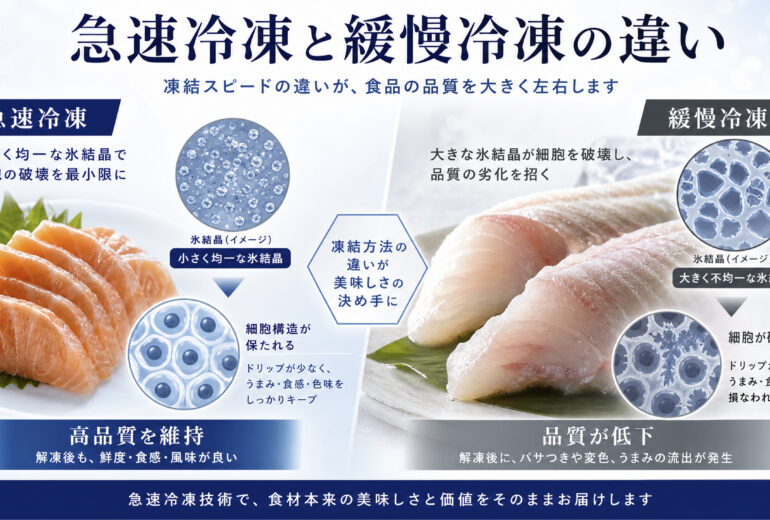 急速冷凍と緩慢冷凍の違いを氷結晶サイズと食品品質で示すアイキャッチ画像