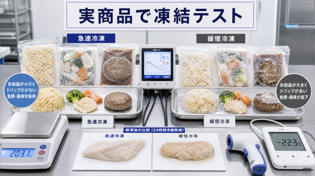 急速冷凍と緩慢冷凍の品質差を自社商品で比較する凍結テストの様子