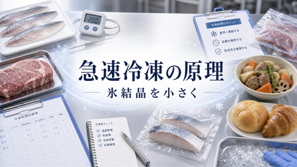 急速冷凍の原理を氷結晶とドリップで説明する業務用食品向けイメージ