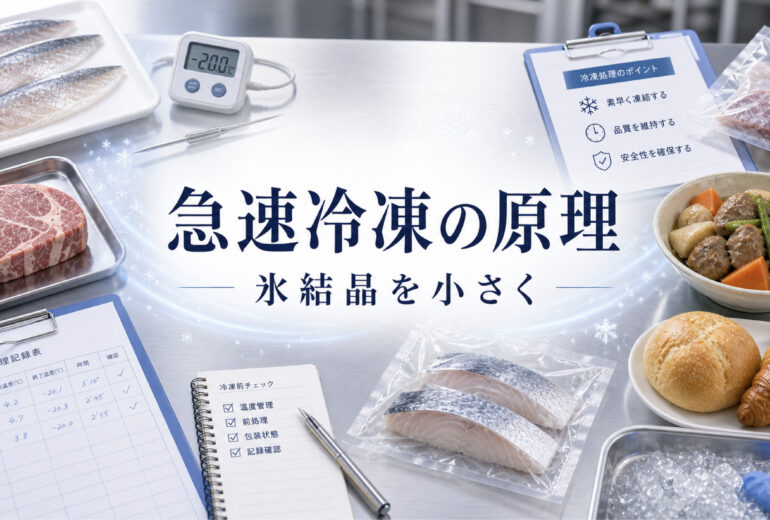 急速冷凍の原理を氷結晶とドリップで説明する業務用食品向けイメージ