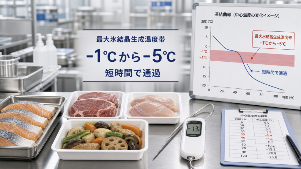 最大氷結晶生成温度帯-1℃から-5℃を短時間で通過する急速冷凍の原理