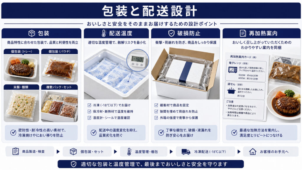 冷凍食品ECの包装材、配送箱、再加熱案内を設計するイメージ