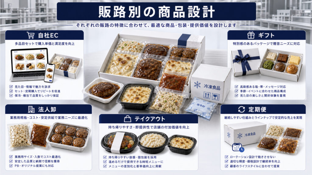 冷凍食品を自社EC、ギフト、法人卸など販路別に商品設計するイメージ