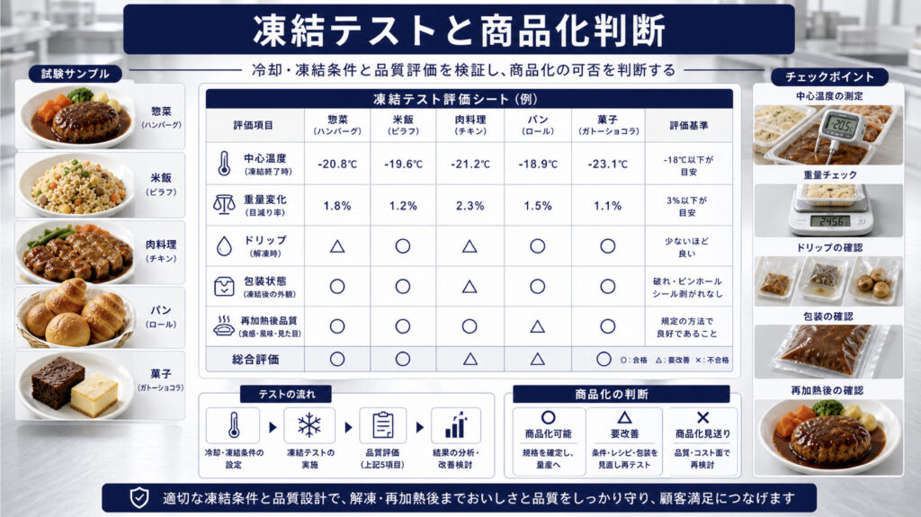 冷凍食品ECの商品化前に中心温度、ドリップ、再加熱後品質を凍結テストするイメージ