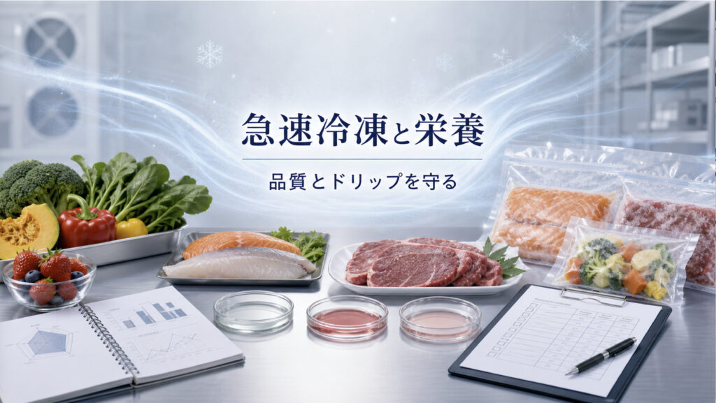 急速冷凍と栄養保持、ドリップ対策を示す食品事業者向けアイキャッチ