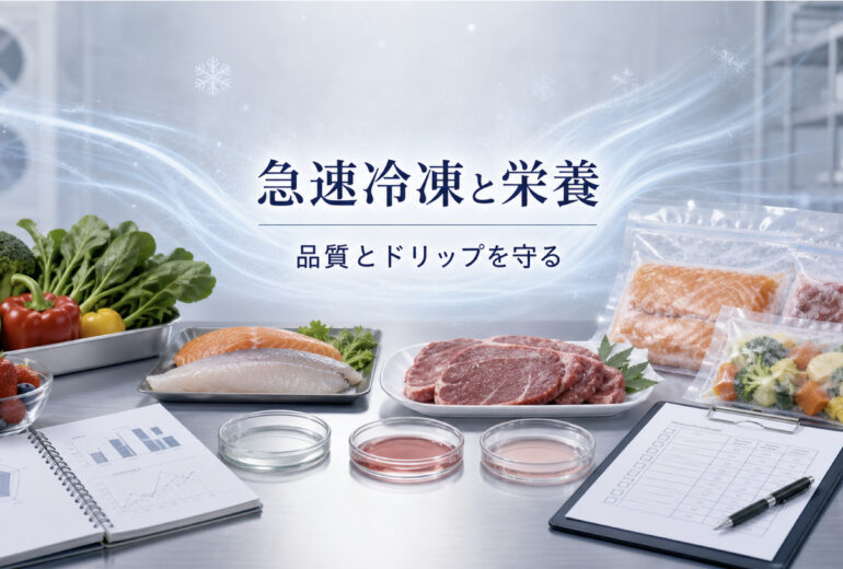 急速冷凍と栄養保持、ドリップ対策を示す食品事業者向けアイキャッチ