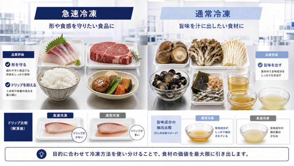 急速冷凍と通常冷凍を目的別に使い分ける比較用の商品写真